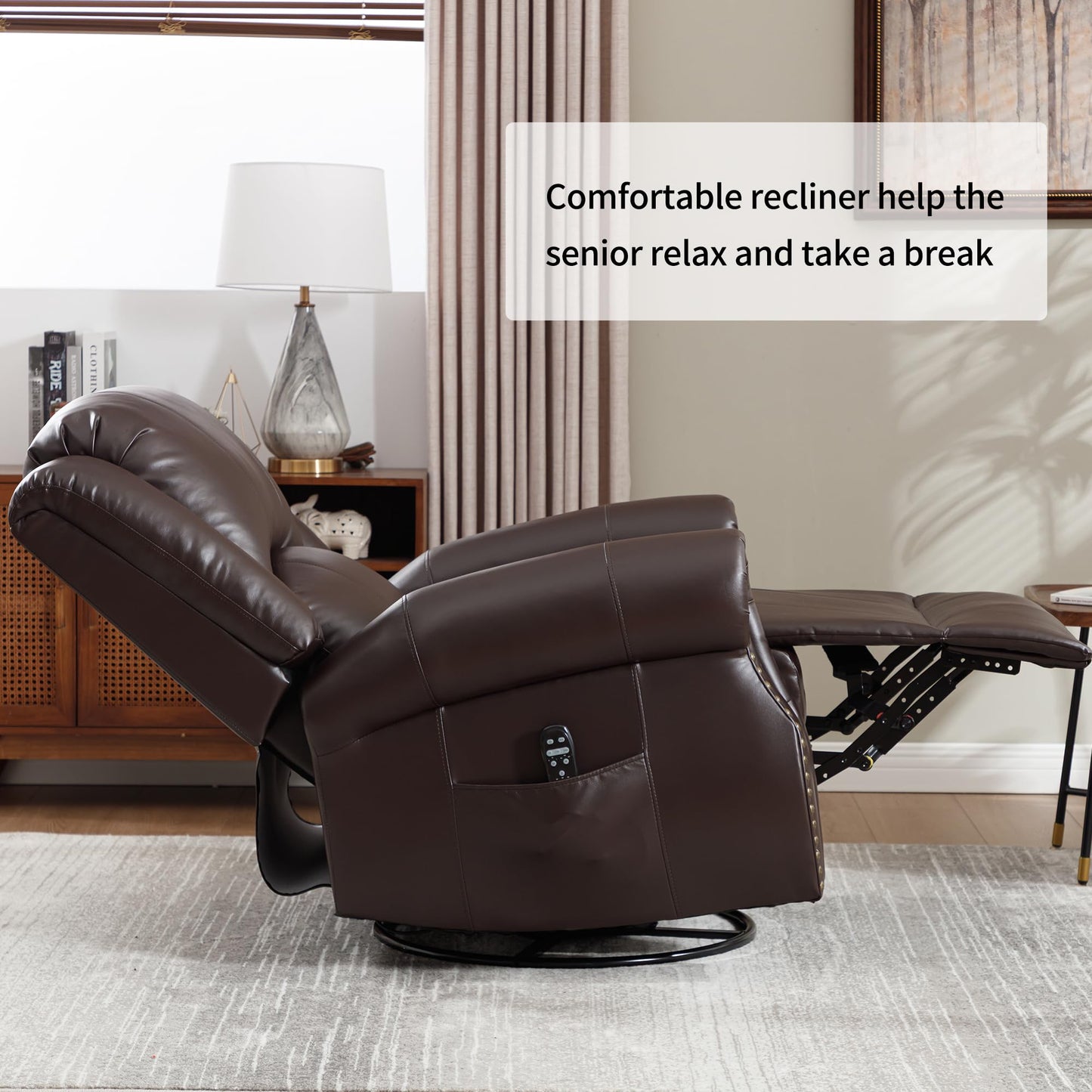 KEIKI Faux Leather Heat Massage Manual Recliner Chair with Square Arms and Cushion Back, for Elderly, Modern Style Oversized Swivel Reclining Sofa Chairs, Easy Assembly, for Living Room, Brown