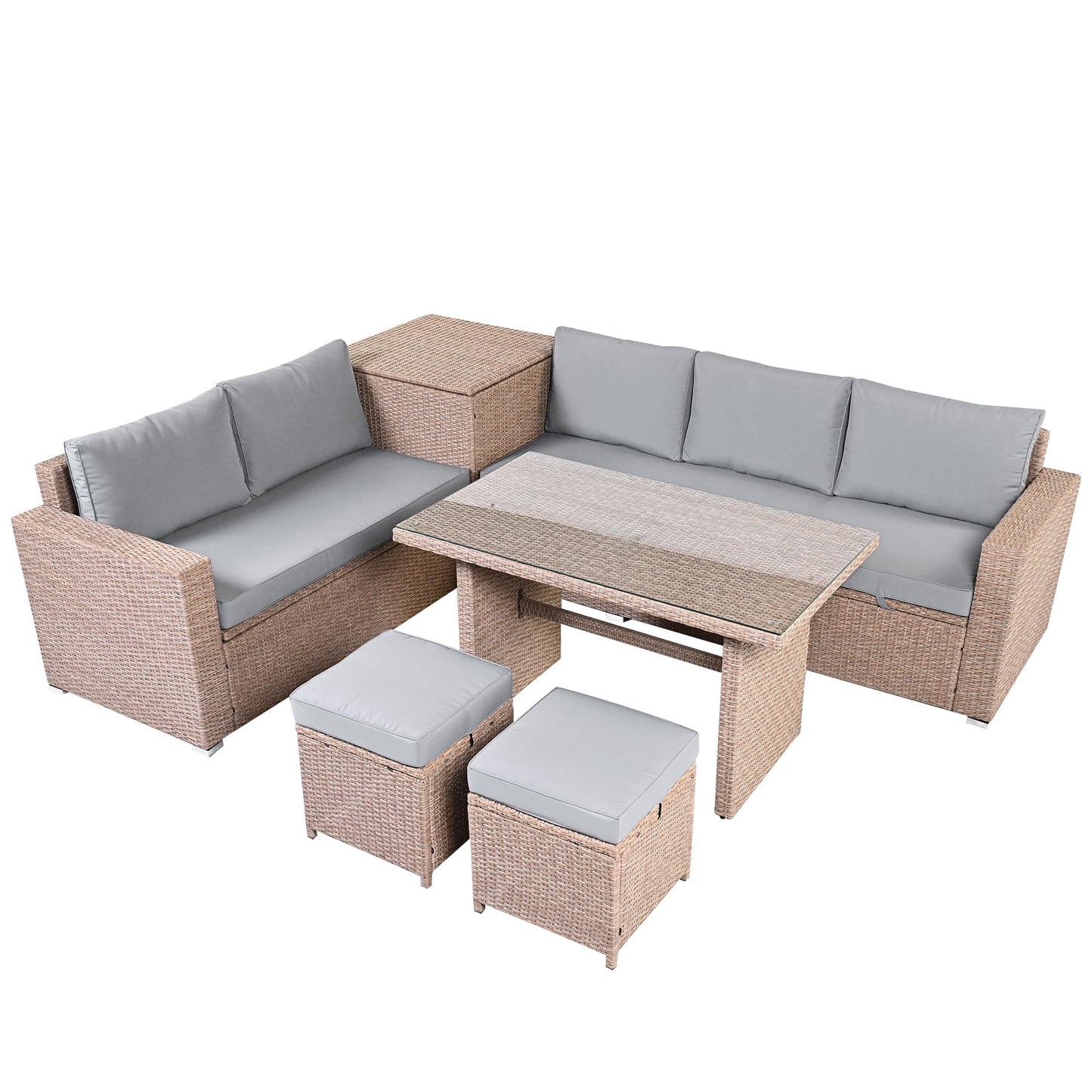 GDFStudio Julian Patio 6-Piece Conversation Set, Outdoor Wicker Sectional Sofa Set with Storage Box, Adjustable Seat Sofa, Tempered Glass Coffee Table and Stools, PE Rattan Furniture Set, Light Grey