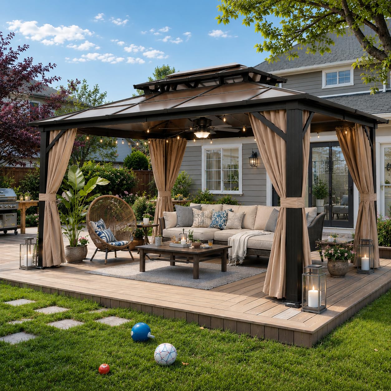YOLENY 10'x13' Hardtop Gazebo, Outdoor Polycarbonate Double Roof Canopy, Aluminum Frame Permanent Pavilion with Curtains and Netting, Sunshade for Garden, Lawns, Patio