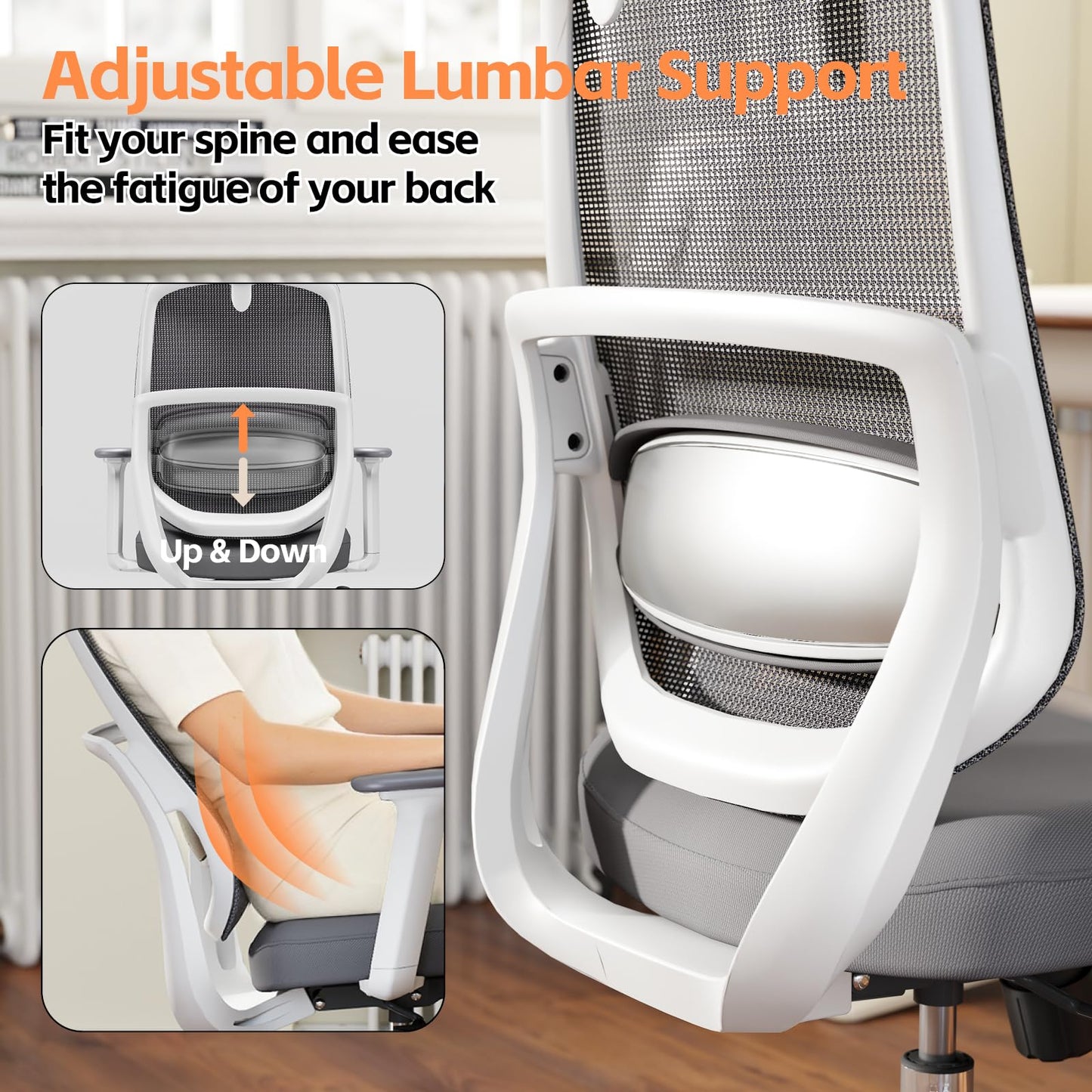 QuelSoft Ergonomic Office Chair, Home Office Desk Chairs, 3D Lumbar Support High Back Desk Chair, Comfortable Computer Chair & Gaming Chair for Office & Home - Silver