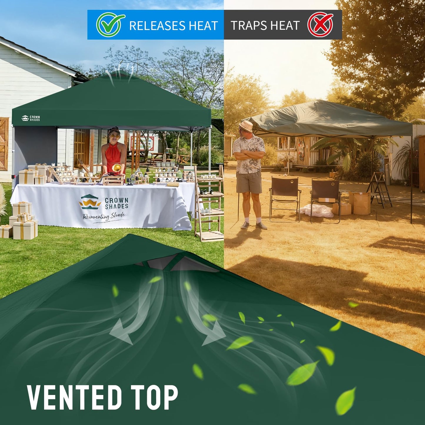 CROWN SHADES 10x10 Pop Up Canopy with 1 Side Wall - Beach Tent with One Push Setup - Outdoor Sun Shade for Events, Parties, Camping - Gazebo with STO-N-Go Cover Bag (Forest Green)