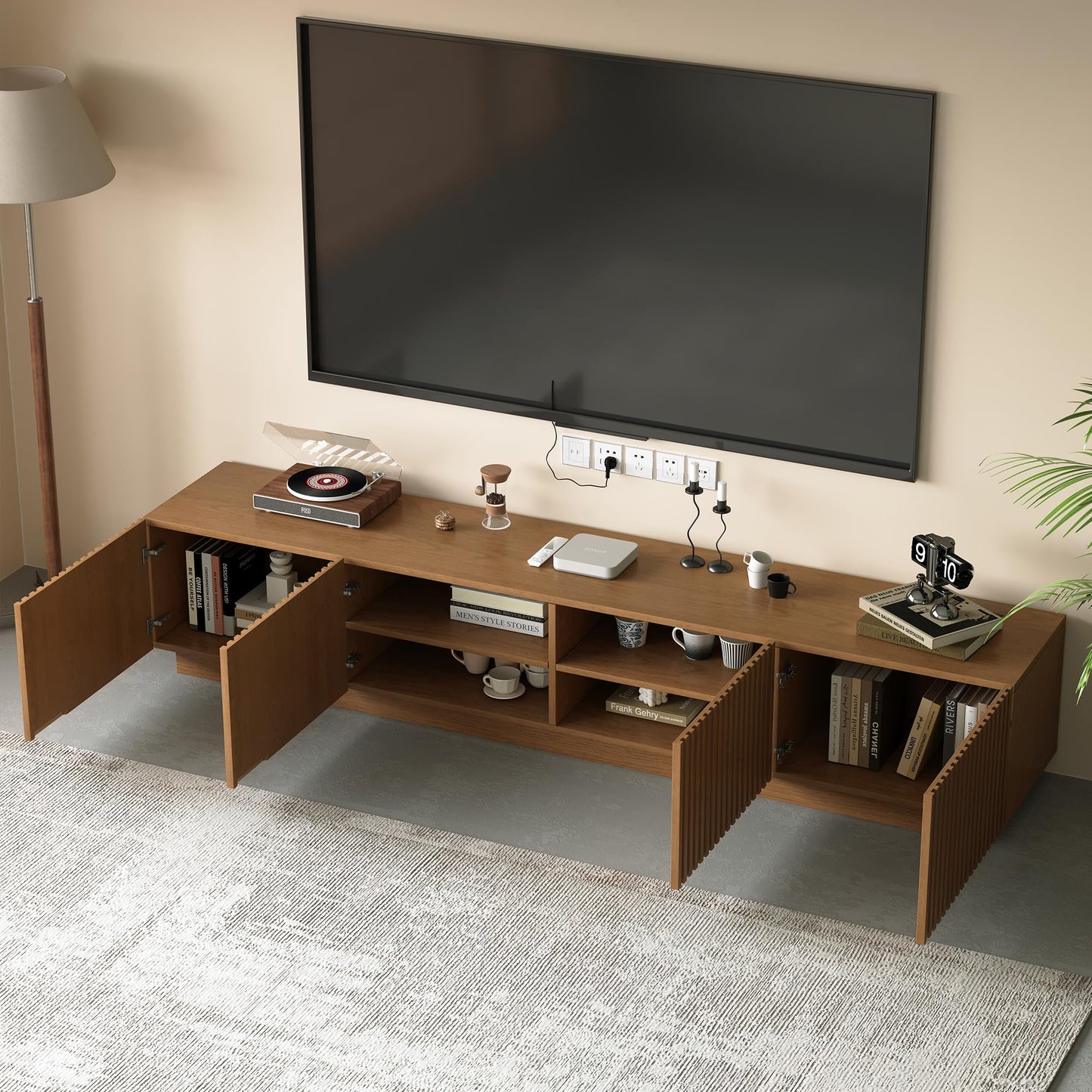 DinaiteEain 86.61" Mid Century Modern TV Stand for TVs up to 85 Inch, Walnut Media Console with 4 Doors & Large Storage, Entertainment Center for Living Room or Bedroom