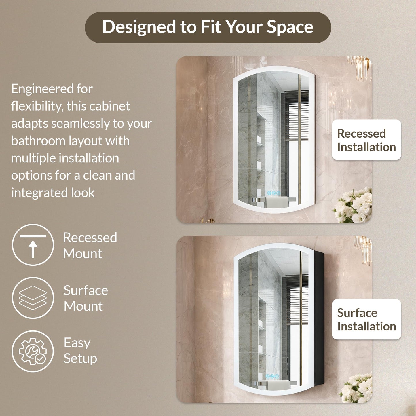 Blossom LED Medicine Cabinet Mirror for Bathroom 24x38 – Right Hinge Recessed/Surface Mounted, Anti-Fog, Adjustable Brightness, Wall Mounted Storage – Lighted Medicine Cabinet with Mirror