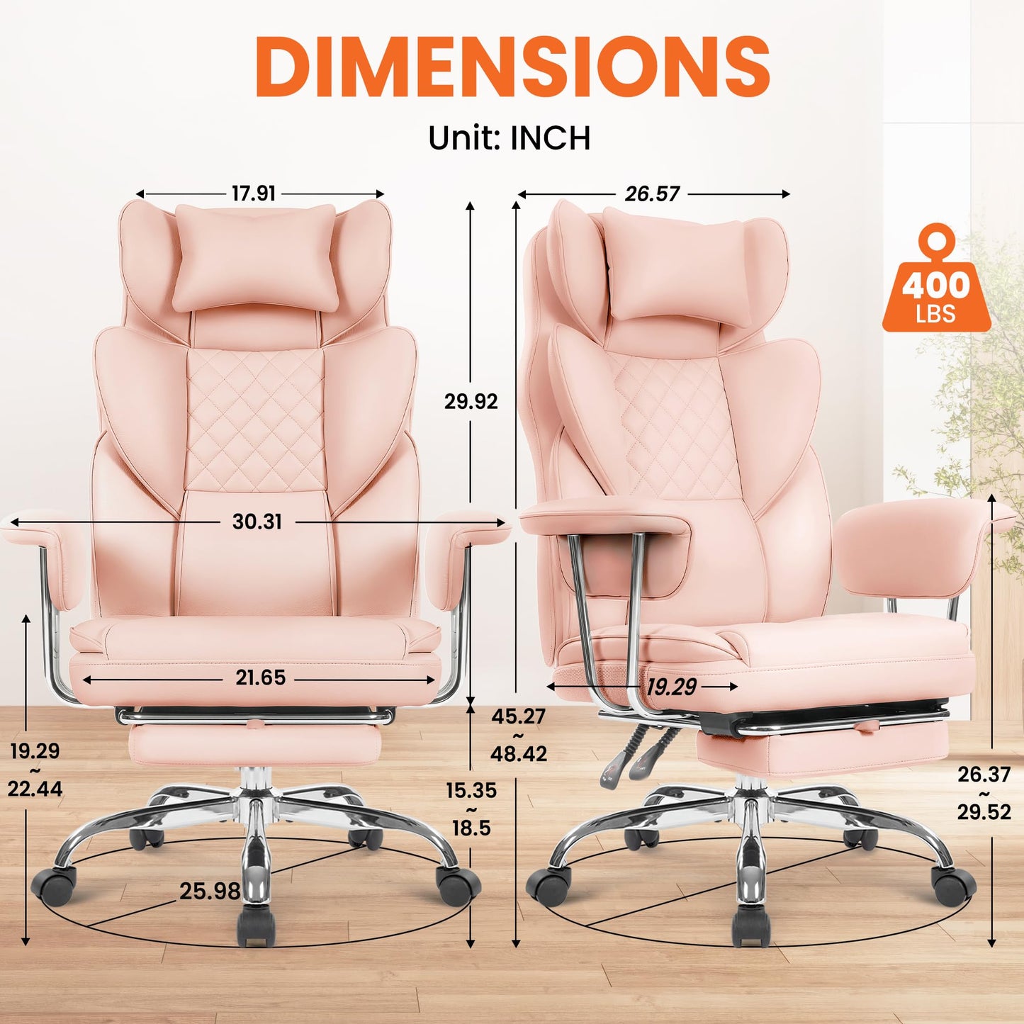 NEO Chair Big and Tall Offie Chair Gaming Computer Chair High Back Heavy Duty Desk Chai with Lumbar Support Adjustable Recliner Footrest Wide Seat Leather Executive Home with Wheels (Leather Pink)