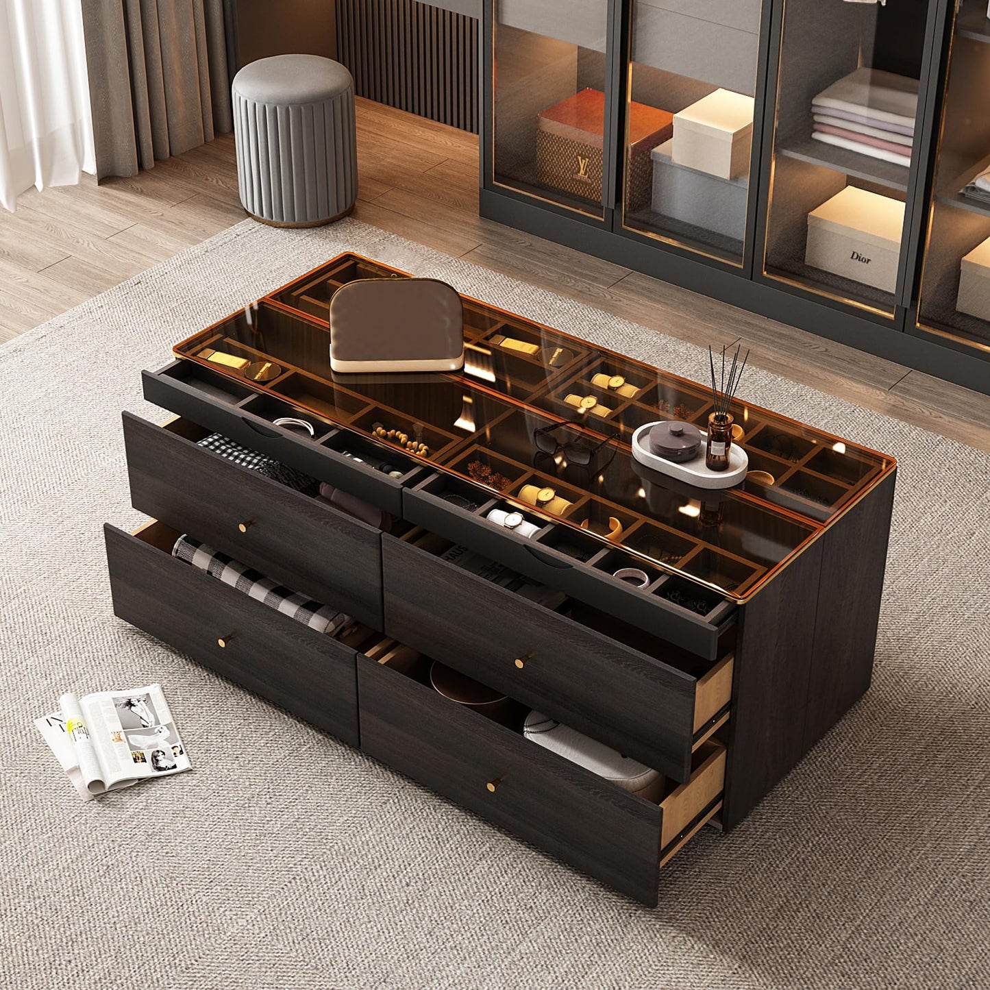 Lartis Nightstand with Glass Top - Night Stand with Drawer No Installation Required - Black Storage Nightstand Compartmentalized Storage, Large Capacity Drawer Tempered Glass