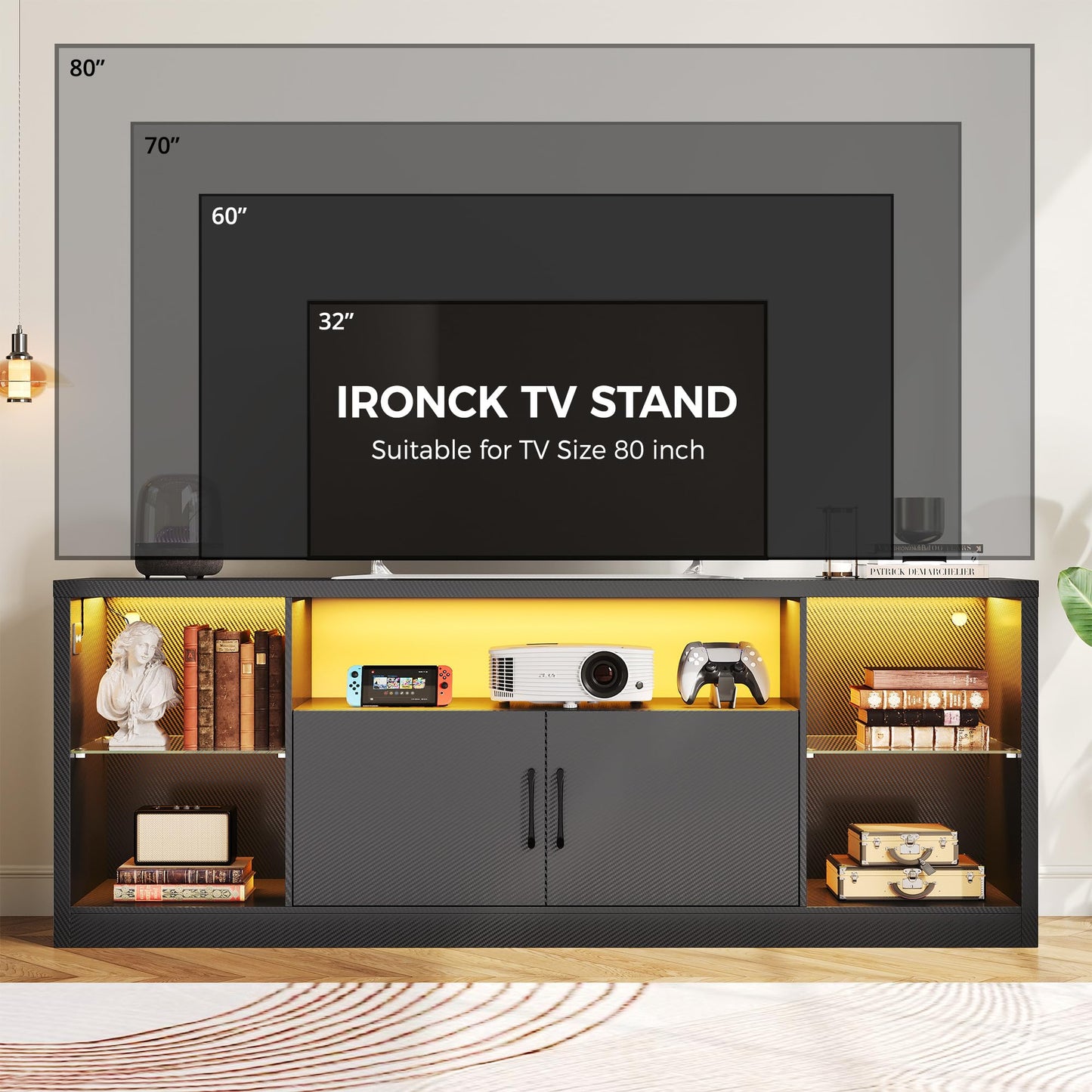 IRONCK TV Stand for TVs 80 inch with Power Outlet and LED Lights, Carbon Fiber Entertainment Center with Storage Cabinets, Adjustable Glass Shelves, Modern TV Stands for Living Room, Black