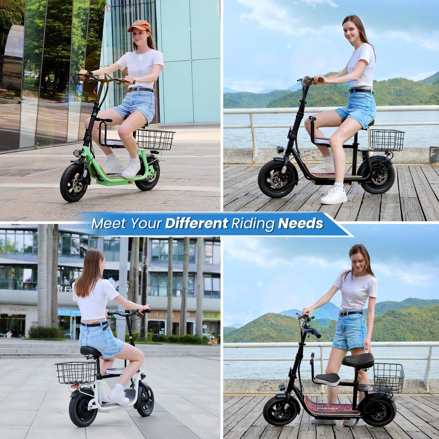 Caroma 1200W Peak Electric Scooter with Seat for Adults, 30 Miles Max Range Electric Scooter for Teens, 20mph Top Speed Foldable Commuter Ebike, Adjustable E-Scooters with Basket