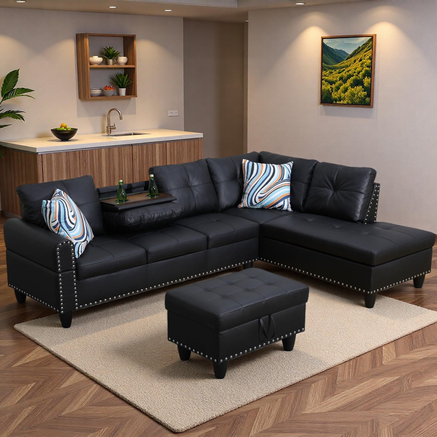Topcomfy Sectional Couches for Living Room with Movable Chaise & Storage Ottoman - 97.5" Leather L Shaped Couches for Living Room Apartment, Home Modular Sectional Sofas with Cup Holder, Black