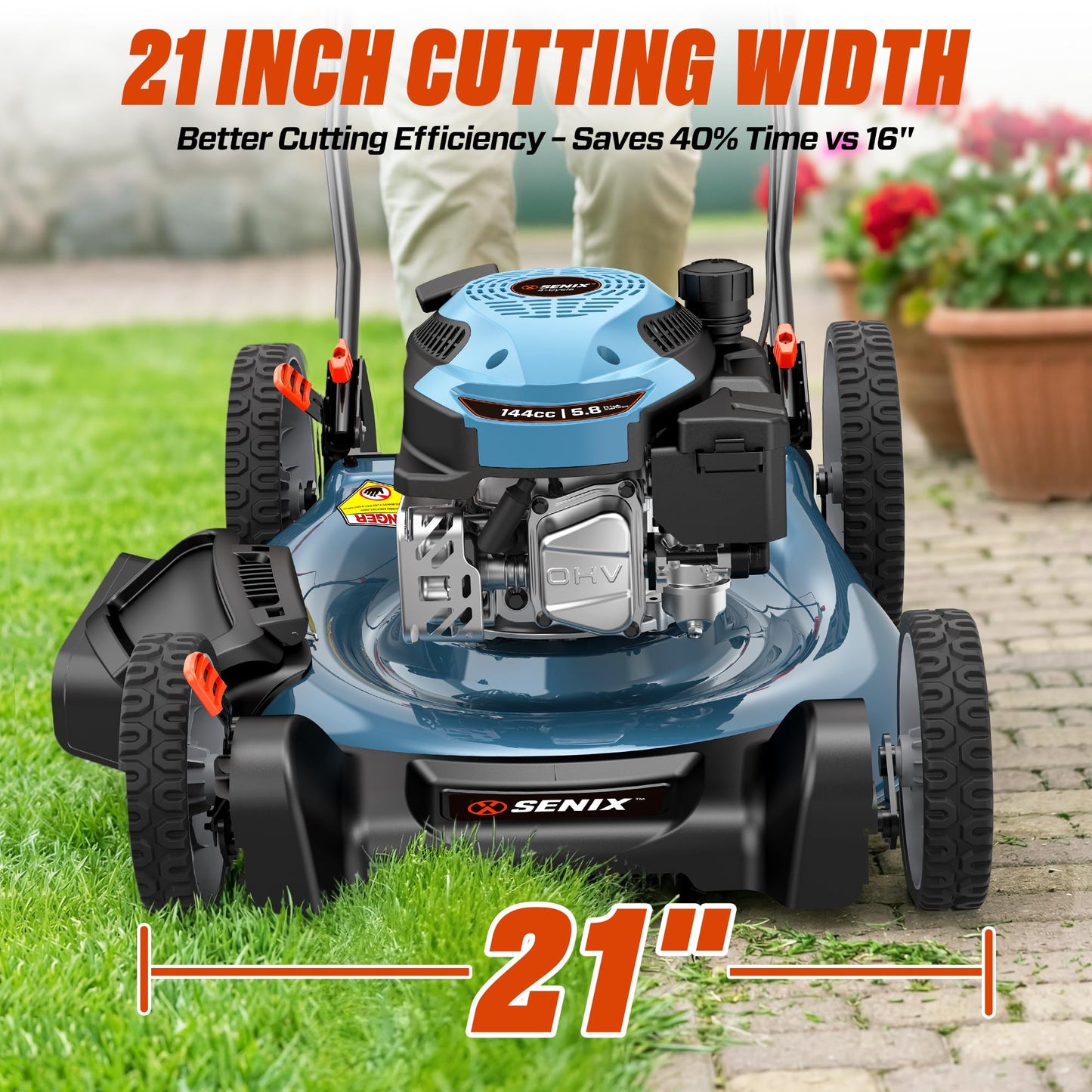 SENIX 21-Inch Gas Lawn Mower, 144cc 4-Cycle Engine, 2-in-1 Mulching & Side Discharge, 6-Position Height Adjustment, Push Walk-Behind Mower for Residential Yard & Garden