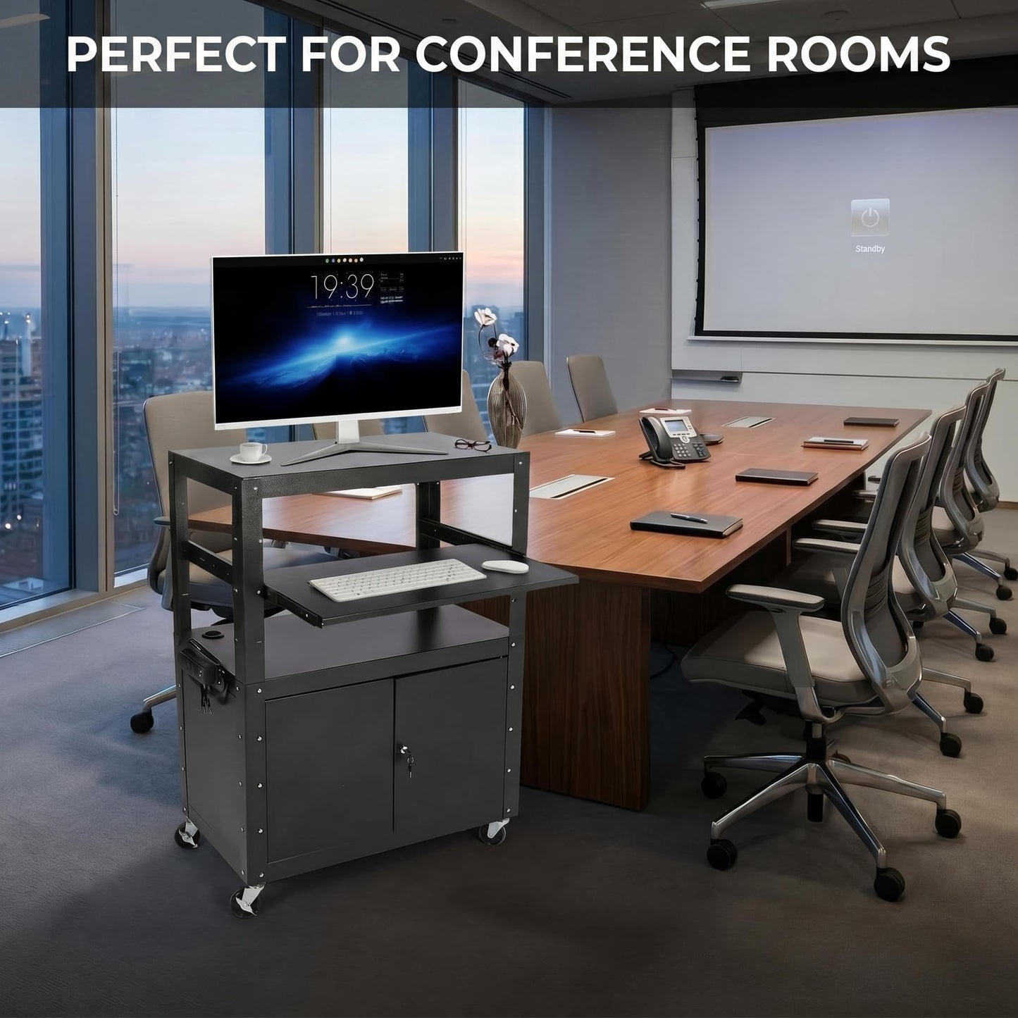 Rolling AV Cart with Locking Cabinet, Laptop Stand, and Drop Leaves, Height Adjustable Mobile Utility Cart Workstation with Extra Storage Space, Power Strip