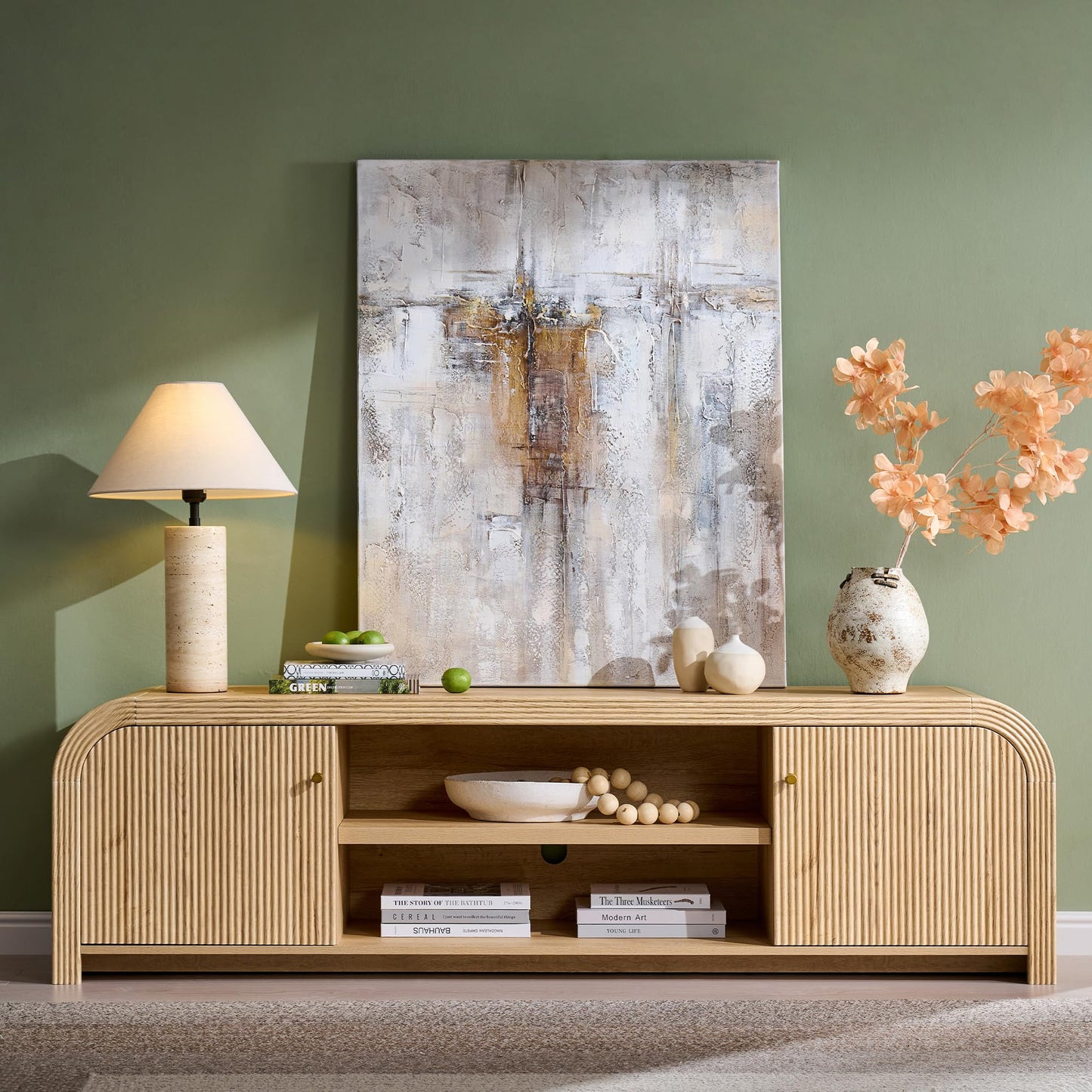 T4TREAM 70" Modern Fluted TV Stand with Storage, Natural Oak