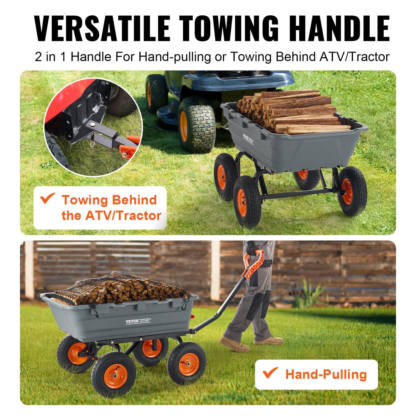 VEVOR 1200lbs 7Cu.Ft. Garden Dump Cart with 2-in-1 Convertible Handle and 13in All Terrain Wheels, Heavy Duty Poly Yard Dump Wagon Utility ATV Trailer Dump Cart Tow Behind for Lawn Mower Tractor