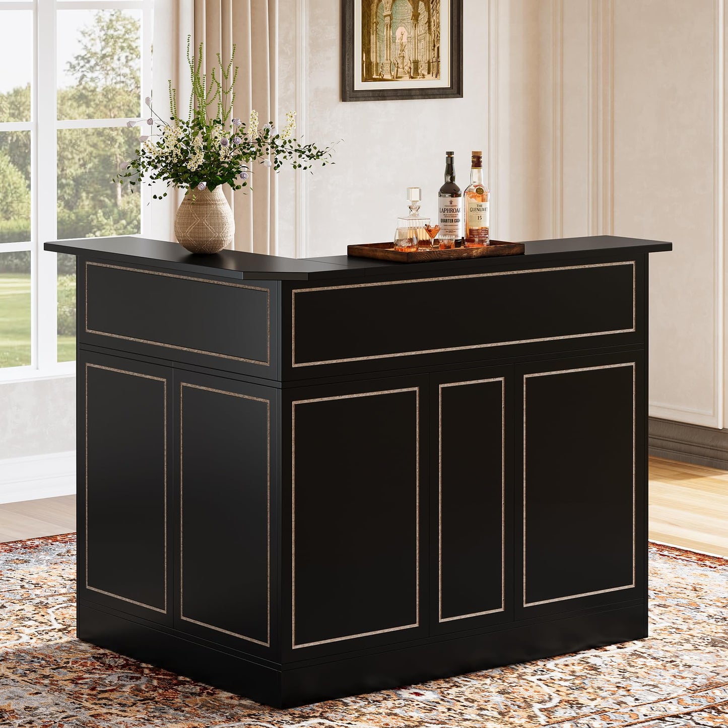 Tribesigns L-Shaped Bar Cabinet, 4-Tier Corner Bar Unit with Stemware Racks, Black