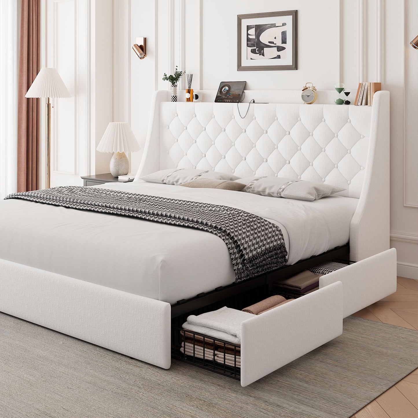 Feonase Upholstered Full Size Bed Frame with 4 Storage Drawers, Charging Station, Tufted Wingback Storage Headboard, No Box Spring Needed, Easy Assembly, White