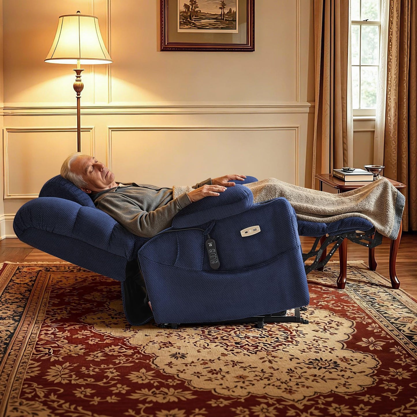MCombo Triple Motor Lay Flat Power Lift Recliner Chair for Tall Elderly, Infinite Position, Massage, Dual Heating, Adjustable Headrest, Fabric 7634 (Navy Blue, Large)
