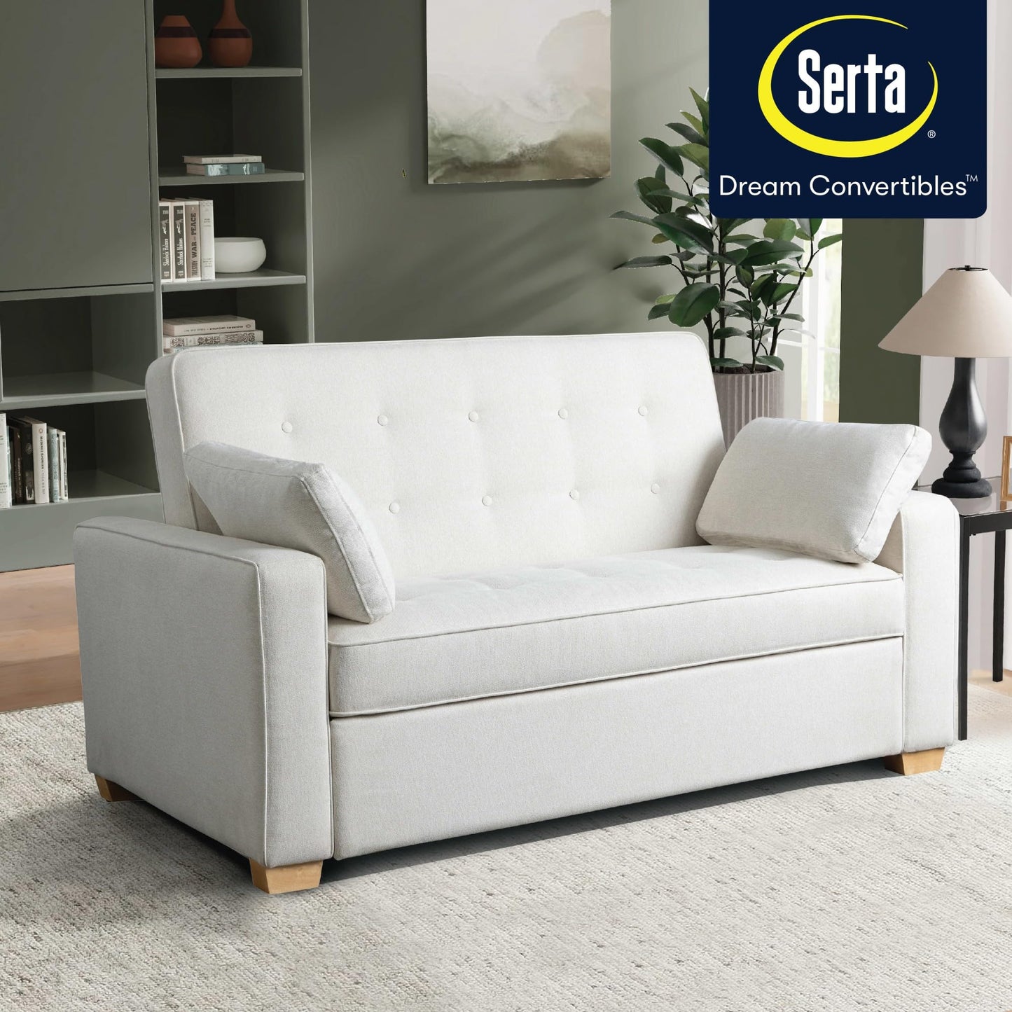 Serta Ainsley 66.5" Convertible Sleeper Loveseat, Full Size, Dreamcoil Comfort, Soft Woven Fabric, Oyster