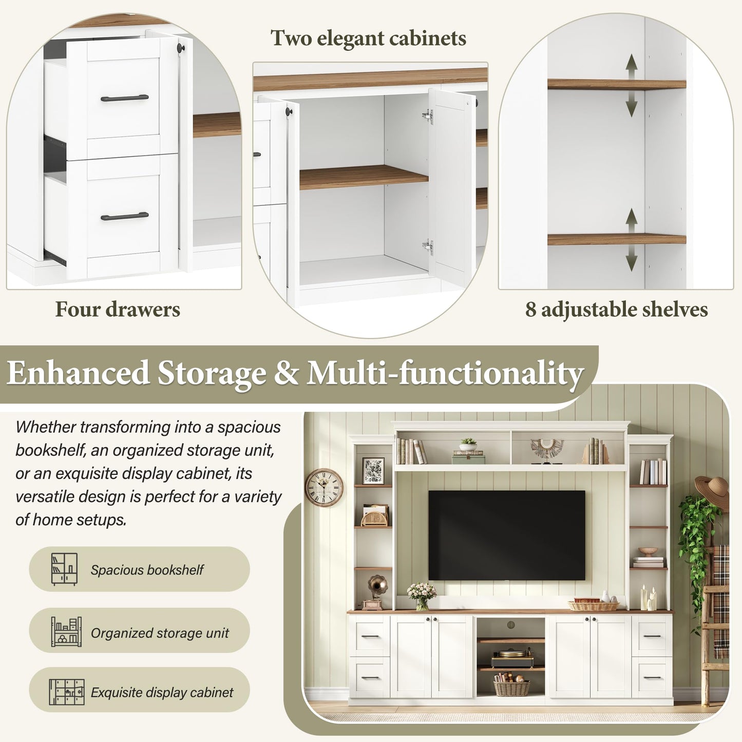Merax 4-in-1 Wall Unit Entertainment Center with Bookshelf for TVs Up to 70", Farmhouse Large TV Stand with Walnut Adjustable Shelves, Elegant Retro Media Console with Drawers for Living Room, White