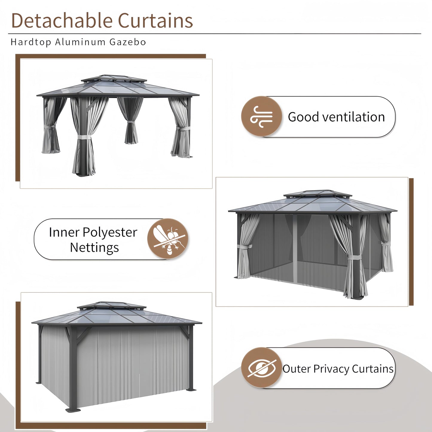 Breezestival 12’x14’ Hardtop Gazebo with Double Polycarbonate Roof Outdoor Metal Gazebo Sturdy Aluminum Frame & Removable Curtains, Netting Permanent Pavilion Pergola for Garden,Patio,Lawn (Gray)