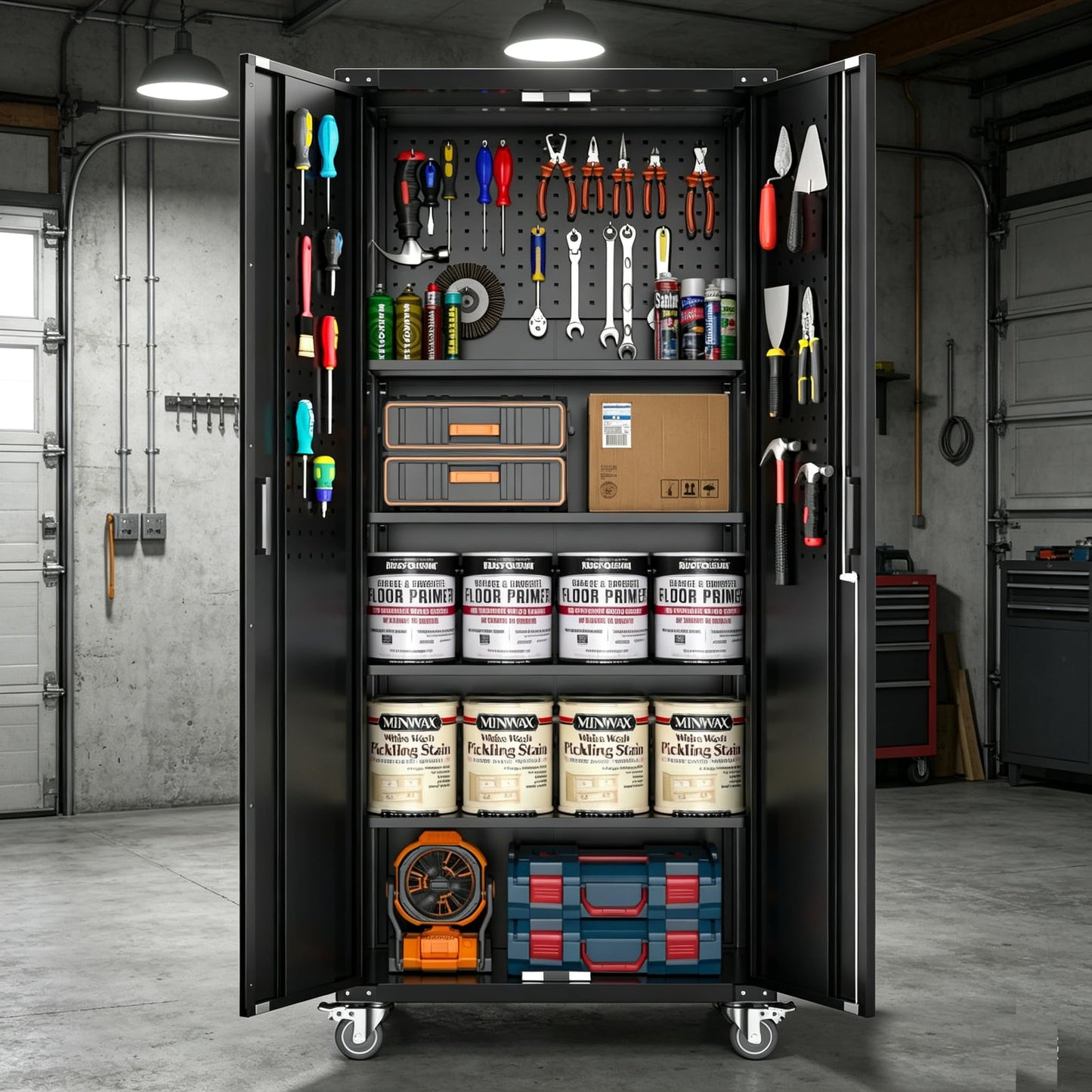 PeacefulHues Metal Garage Storage Cabinet with Doors and Wheels, 72" High Lockable Storage Cabinet with 4 Adjustable Shelves and Pegboard, for Garage Workshop Home Office