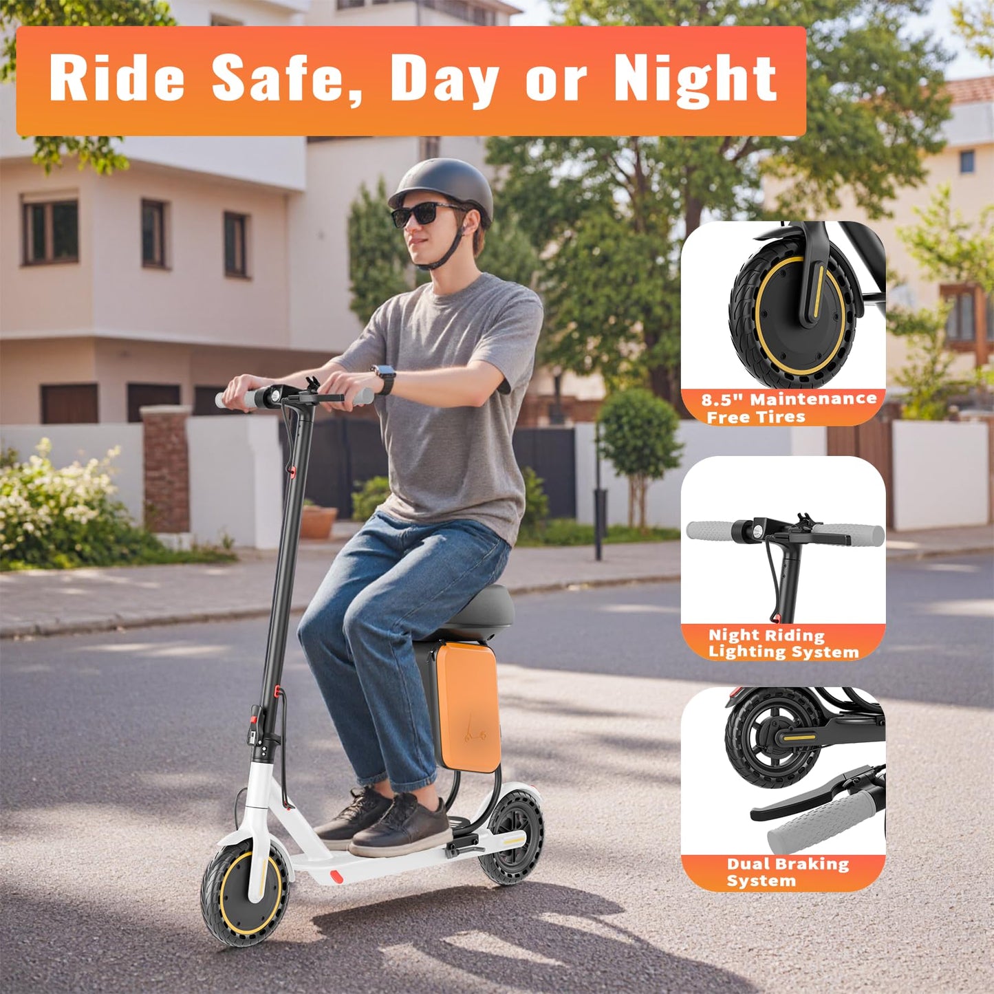 Qlaway Electric Scooter with Seat, 350W Motor, Top Speed 19Mph(31km/h), Max 22 Miles Ranges, 350W Motor, 8.5" Solid Tires, Aluminum Alloy Folding E Scooter with Dual Braking/APP Control