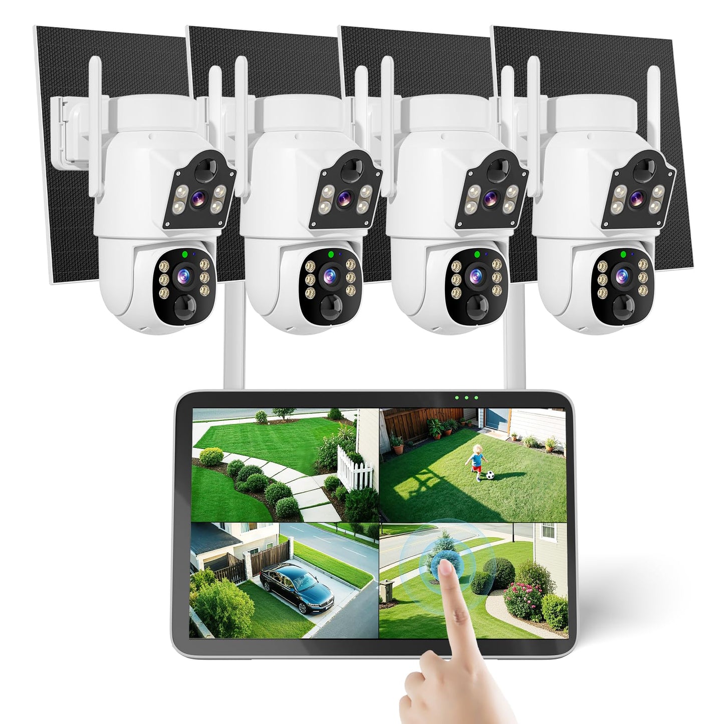 Hiseeu Solar Security Cameras Wireless Outdoor, Auto Tracking Dual-Lens Wireless Cameras for Home Security with 10" Touchscreen, 2.4 & 5GHz WiFi Pro 4 Cam-Kit, 2 Way Audio, 500GB HDD, 0 Monthly Fee