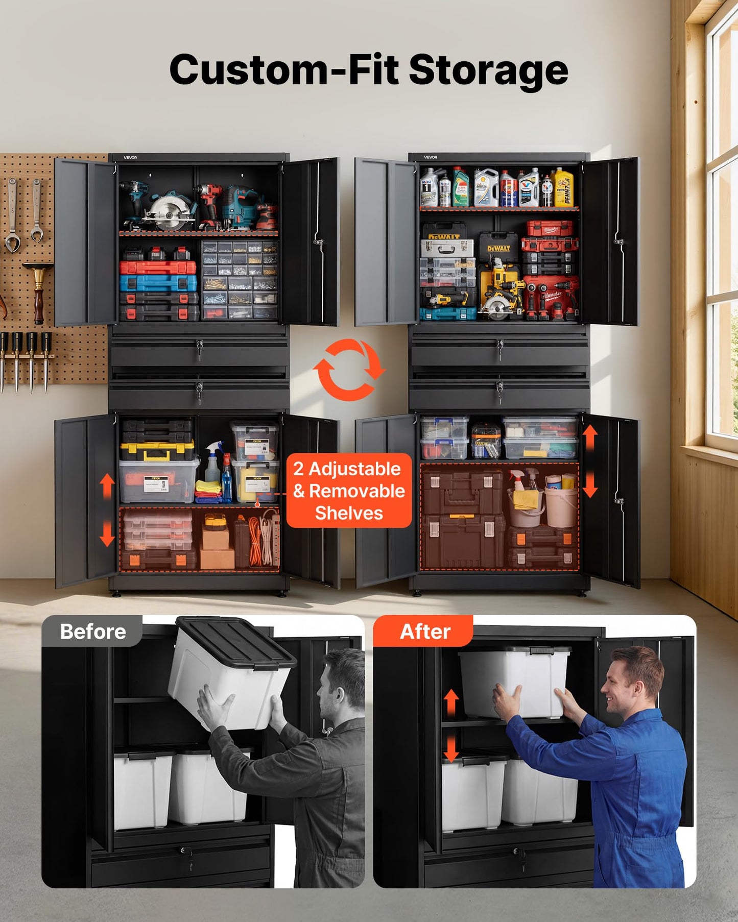 VEVOR Metal Storage Cabinet, 180 lbs Shelf Load Capacity, 70.87" Tall Garage Tool Storage Cabinet with 4 Locking Doors and Adjustable Shelves, 2 Drawers, for Garage, Home, Office, Utility Room, Black