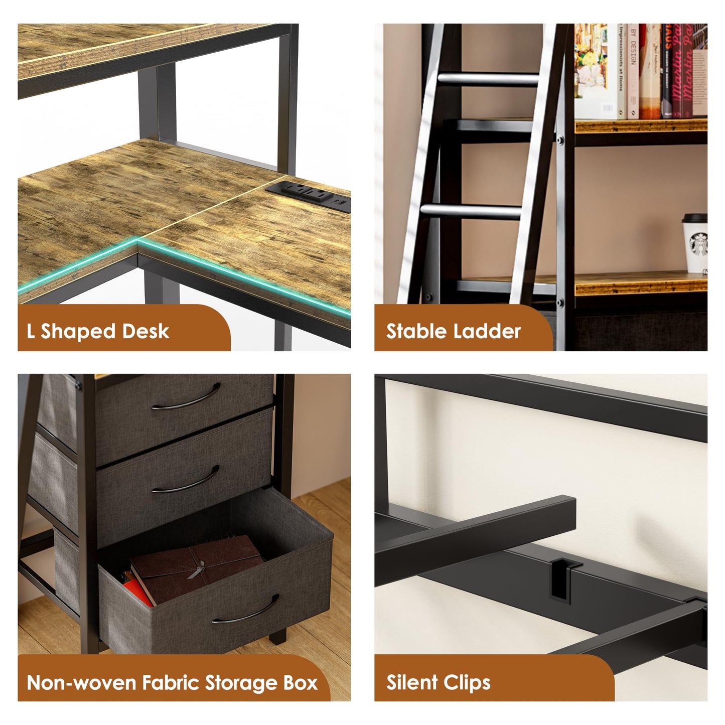Cryrature Full Size Loft Bed with L-Shaped Desk, Charging Station,LED Lights,Heavy Duty Metal Loft Bed Frame with 3 Fabric Drawers & Open Shelve,No Box Spring Needed, Black