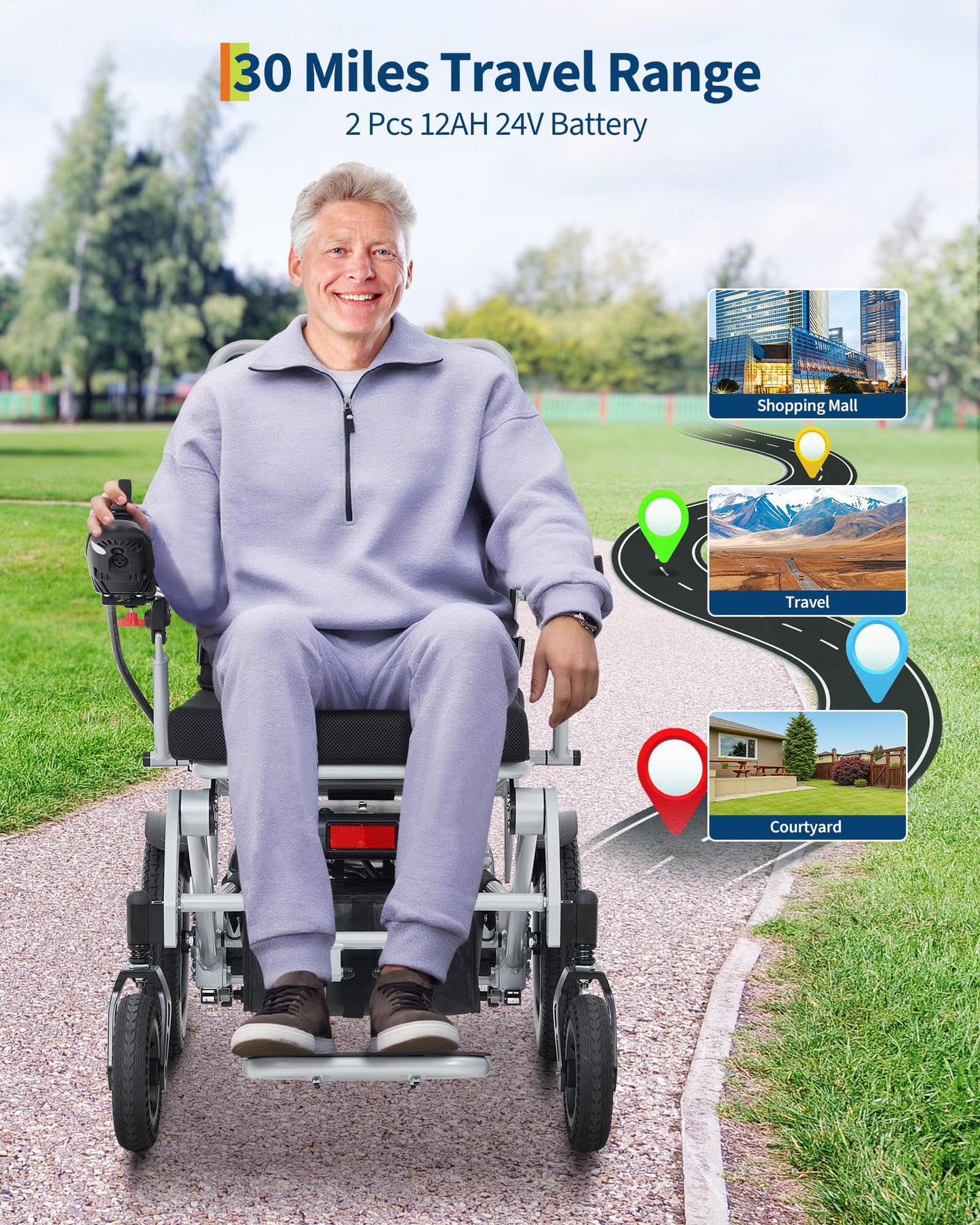 Electric Wheelchair for Adults, 30 Miles Long Travel Range with 2 PCs 12Ah 24V Battery,Ultra Lightweight & Foldable, 330lb Large Capacity, All Terrain Electric Mobility Chair & Airline Approved