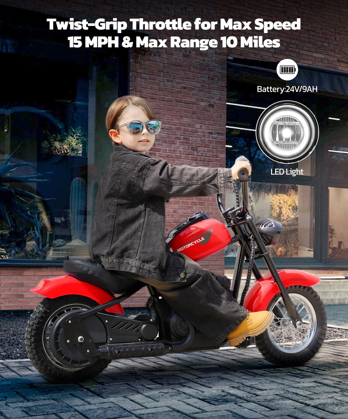 ELEMARA Electric Dirt Bike, 15 mph & 150lb Max, 24V Ride on Toy for Big Kids w/LED Lights & Power Display,Chain-Driven Motor,Twist-Grip Throttle, Shock Springs,Handbrake,12" Air-Filled Tires-Red