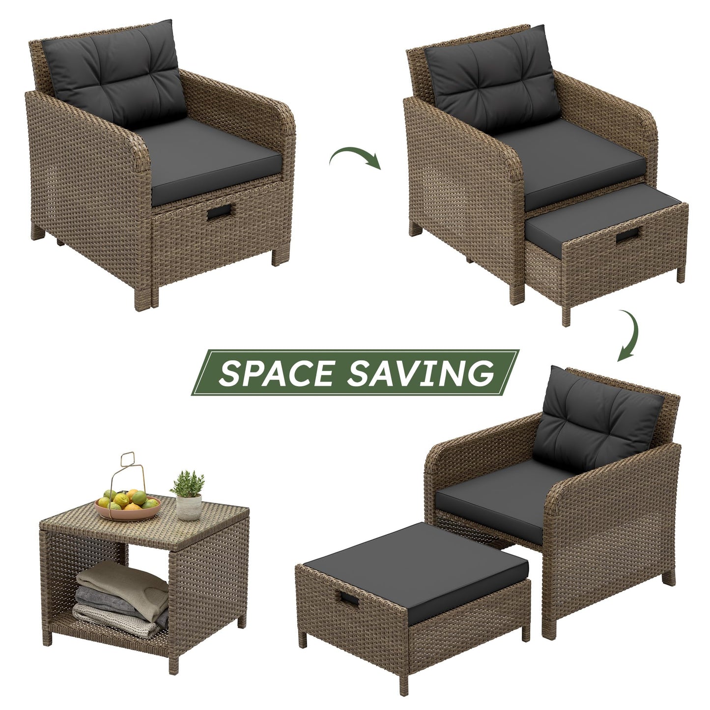 LHBcraft Balcony Furniture 5 Piece Patio Conversation Set, PE Wicker Rattan Outdoor Lounge Chairs with Soft Cushions 2 Ottoman-Glass Table for Porch
