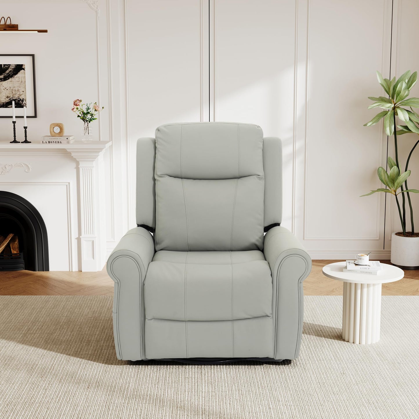 Merax 270°Swivel Rocker Recliner Chair, PU Leather Manual Recliner with Massage and Heating, Dual Reclining Positions and Side Pocket and for Living Room, Bedroom, or Nursery, Grey