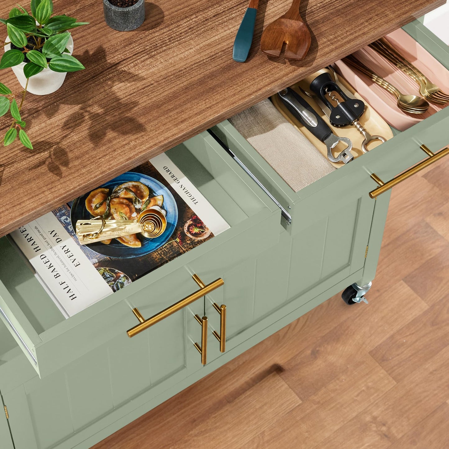 Best Choice Products 36in Large Rolling Kitchen Island Cart, 2-Door Cabinet, 2 Drawers, Pull-Out Shelf, Power Outlet, Hooks, & Swivel Lockable Wheels - Pistachio Green