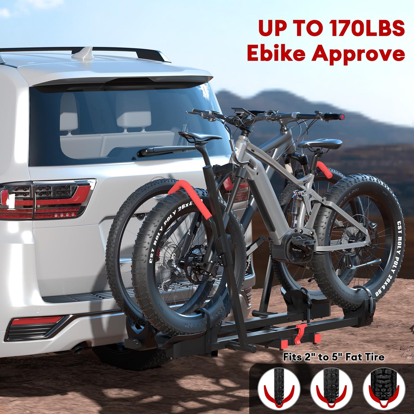 RoamEase Hitch 2 EBike Rack with Ramp, 170lbs Capacity Foldable Electric Bike Carrier for 2 Heavy Ebike, Up to 5" Fat Tire Bicycle for 2" Receiver for Car, SUV, RV, Truck, Black