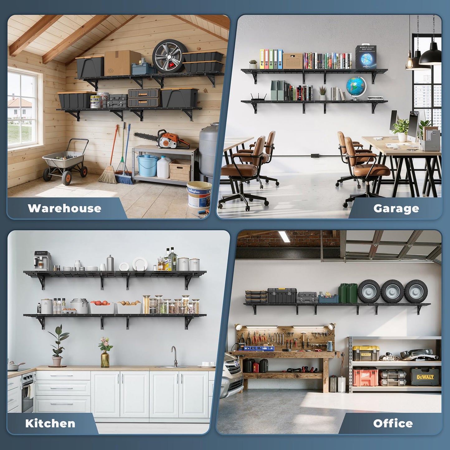Jusgym 4 Pack Heavy Duty Garage Wall Shelving Set (1.5x4ft), Wall Mounted Garage Shelves 1400lbs Capacity, 18"x96" Shelf Storage Rack Floating Shelves, Black