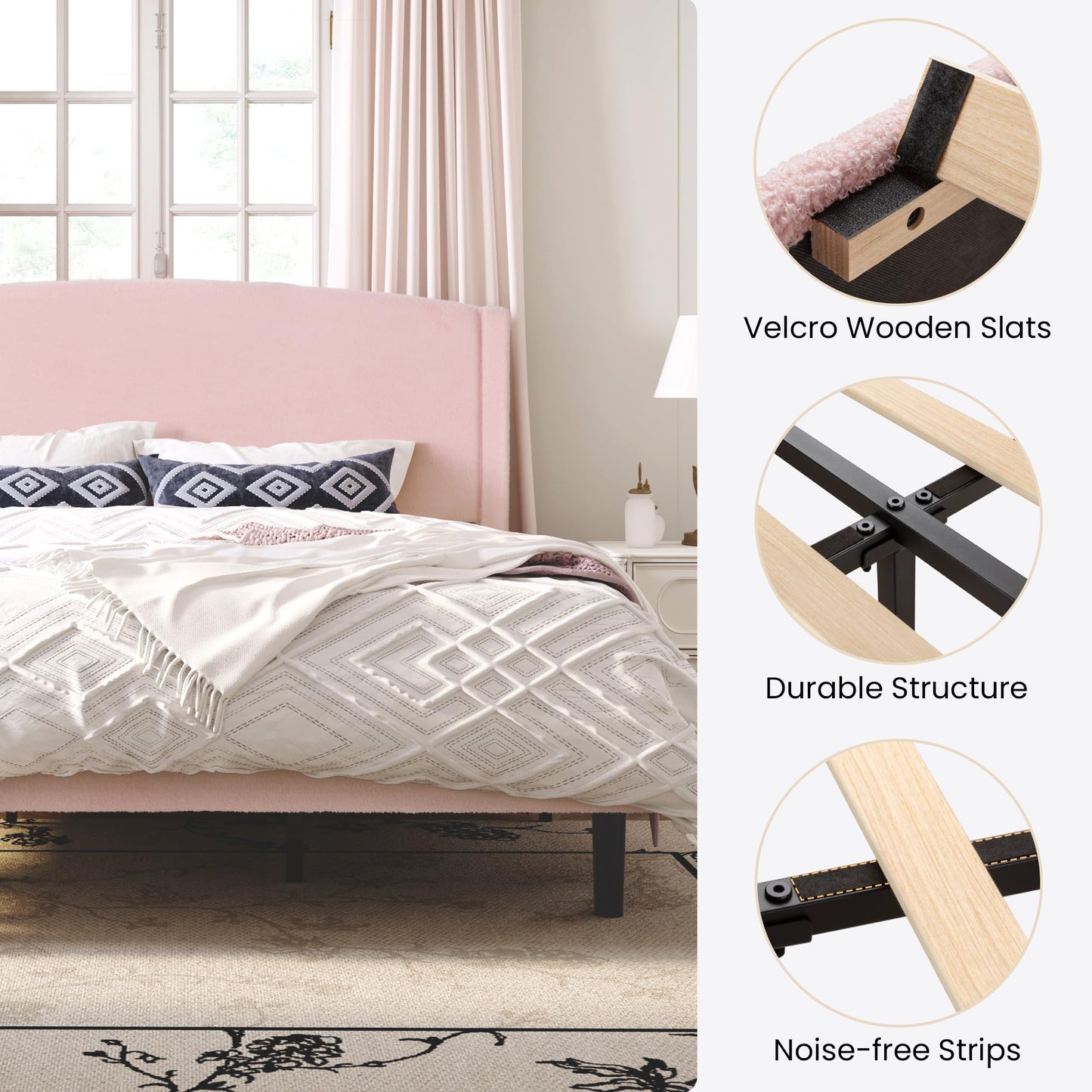 SHA CERLIN King Size Bed Frame with Soft Teddy Fabric, Boucle Upholstered Platform Bed, Curved Headboard Design, Wooden Slats Support, Noise-Free, No Box Spring Needed, Easy Assembly, Pink