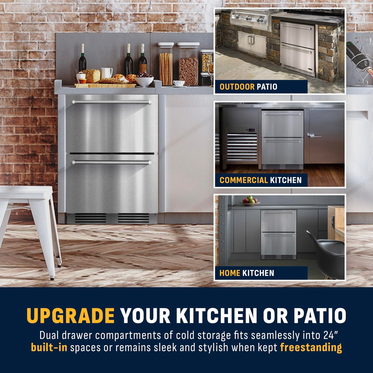 NewAir 24” Dual Zone Outdoor Beverage Fridge and Freezer | Freestanding or Built-In Under counter Refrigerator for Outside Patio | Dual Drawers that Refrigerate and Freeze | Stainless Steel