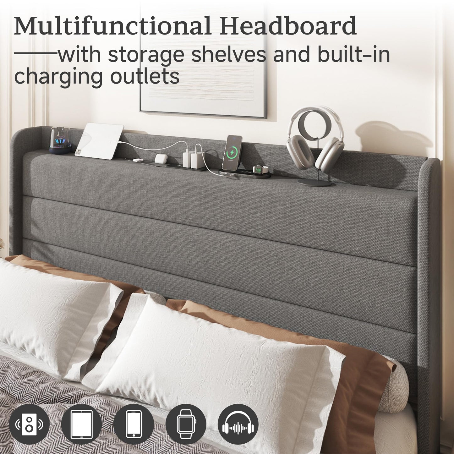 Lcwtvgxr Full Size Linen Multifunctional Bed Frame, Wingback Headboard with Charging Station & Storage Shelf, Upholstered Platform Bed, Noise Free, No Box Spring Needed, Easy Assembly, Grey