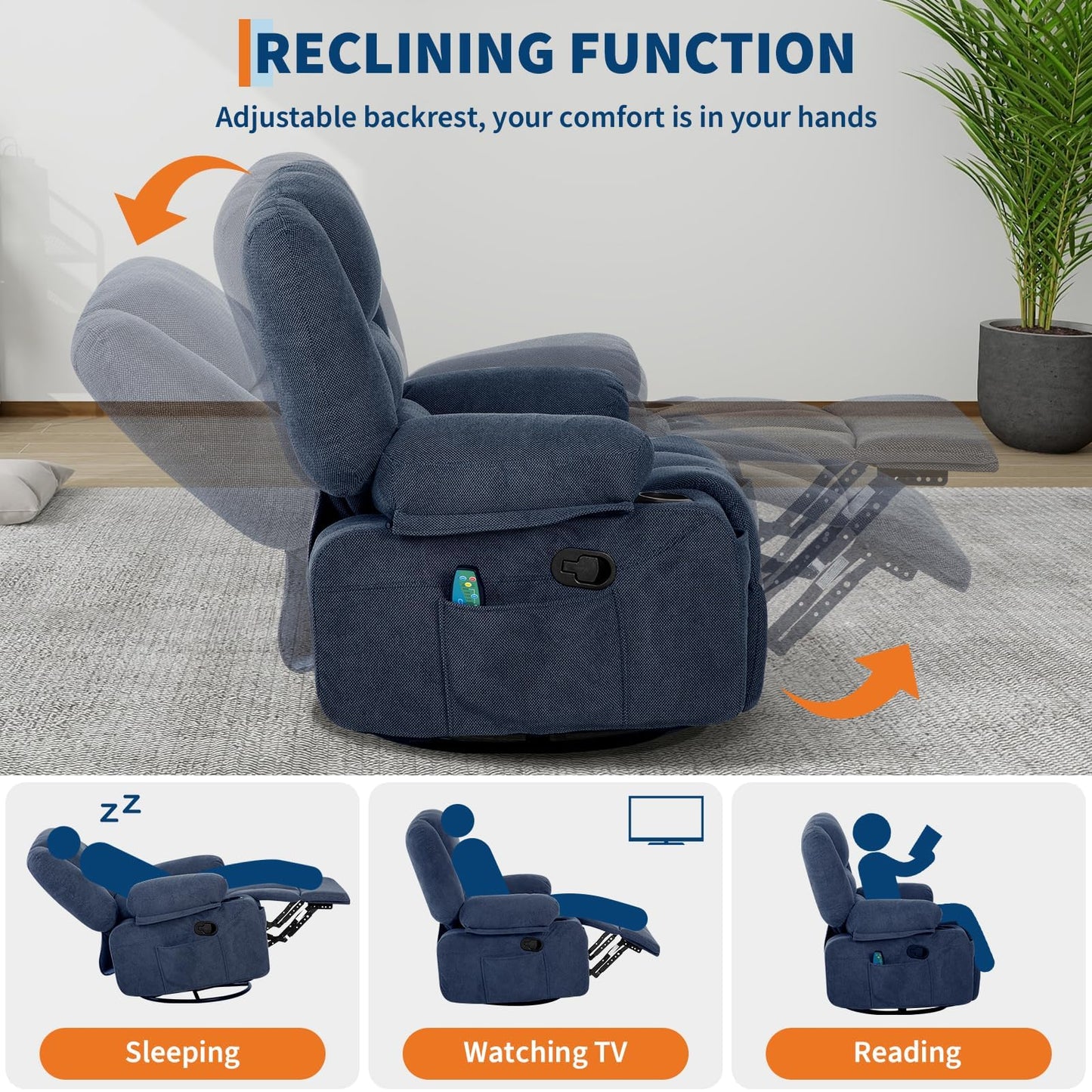 GarveeHome Oversized Wide Recliner Chair-Heat and Vibration Massage, 360° Swivel Rocker Chair for Adults,Chenille Fabric Manual Recliner with Cup Holders & Side Pocket for Living Room, Bedroom,Blue