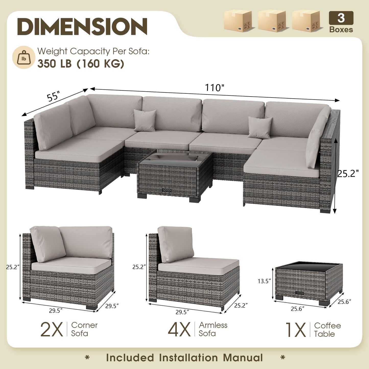LHBcraft 7 Piece Patio Outdoor Furniture Set, Outdoor Sectional, All-Weather Hand-Woven Wicker Patio Sectional Sofa, Rattan Outside Furniture with Grey Cushion and Glass Coffee Table