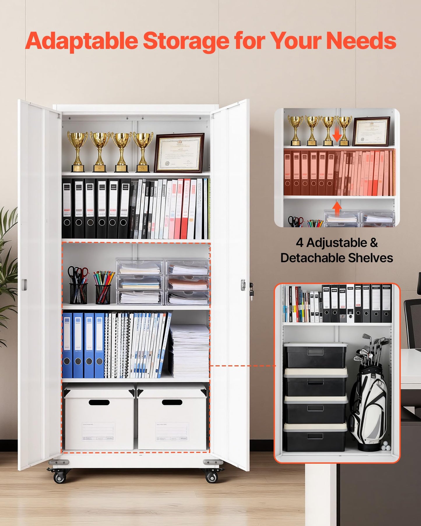 VEVOR Metal Storage Cabinet, 72.6 in Rolling Steel Garage Cabinet with 4 Adjustable Shelves, 2 Magnetic Doors & 2 Keys, 5 Tiers Lockable Tool Storage for Pantry, Warehouse, Basement, Office, White