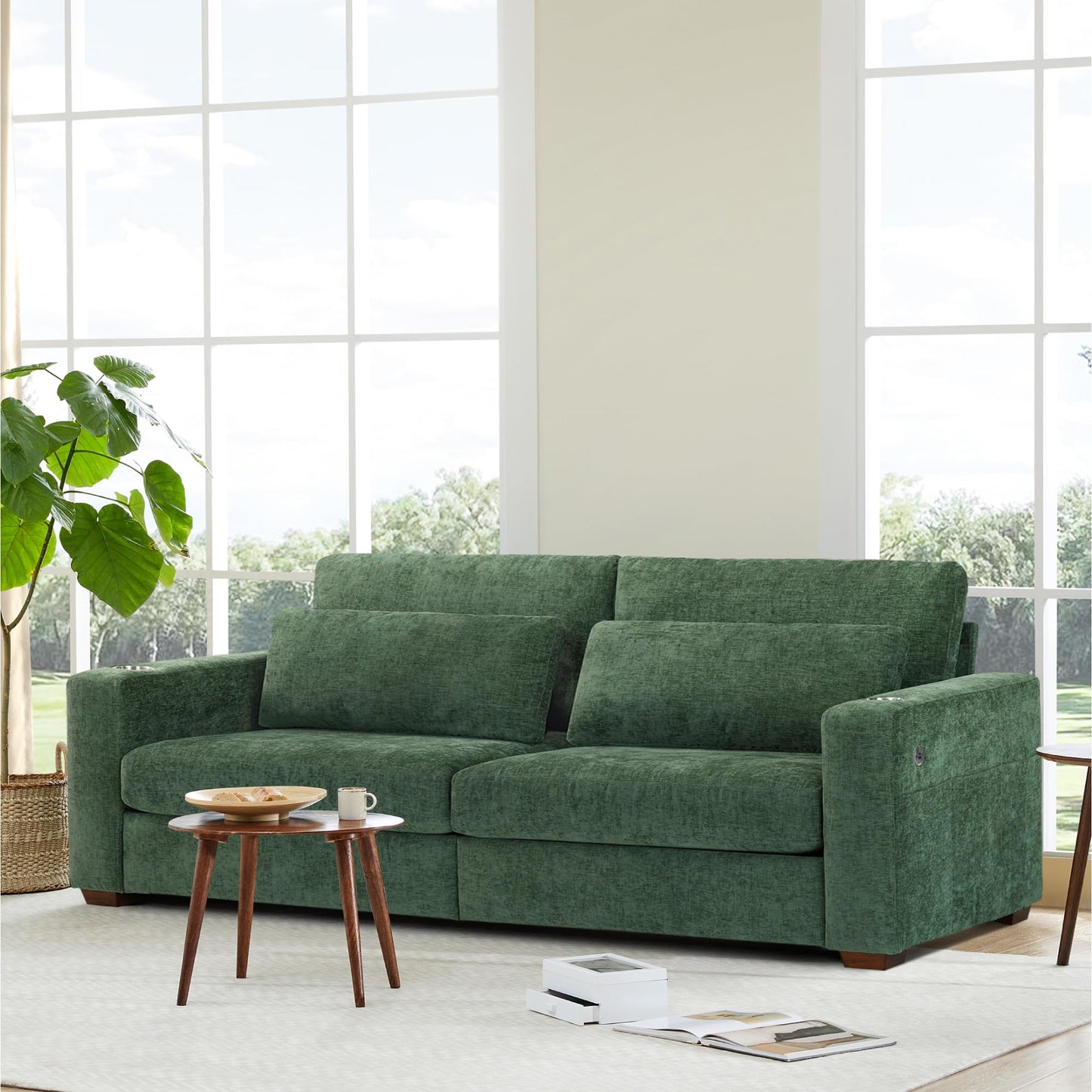KISLOT 89" Loveseat Sofa Couch for Living Room Chenille Upholstered Couch with Deep Seat and Wide Armrests 3 Seater with Cup Holders, USB & Type-C Ports, Spring Cushion, Solid Wood Frame Moss Green