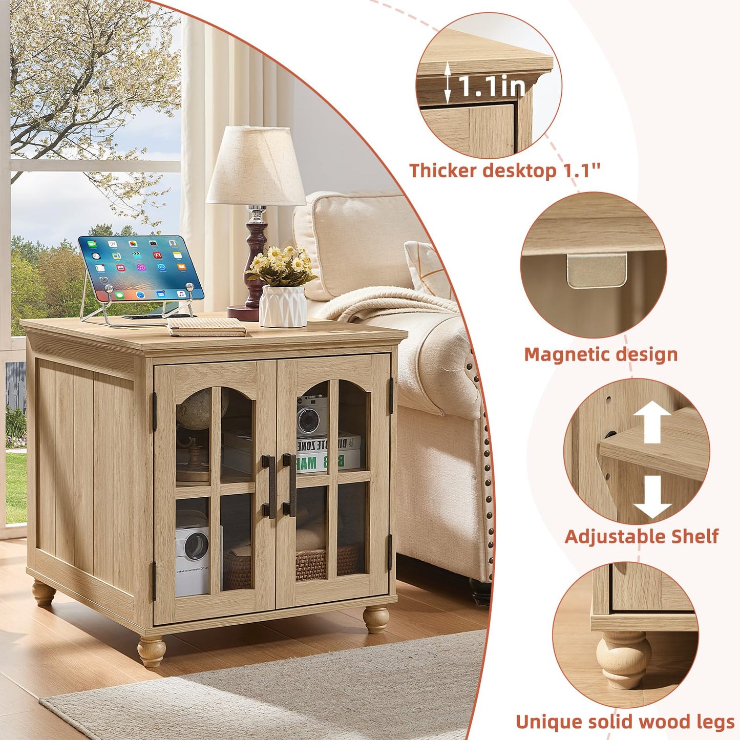 RWYHG Farmhouse 24" End Table Set of 2 with Charging Station, Large Sofa Side Table with Glass Barn Door,Wood Night Stand with Adjustable Storage Shelf,Square Bedside Table for Living Room,Bedroom