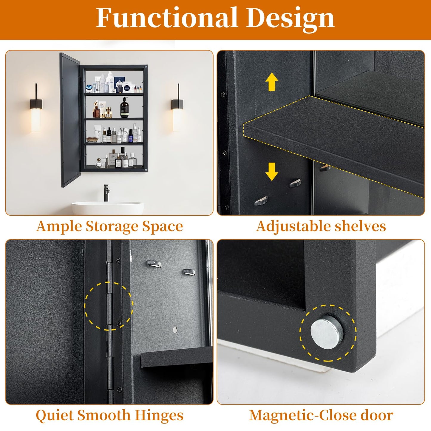 YOOSHINE Black Bathroom Medicine Cabinet with Mirror Squared Rectangle Metal Frame Recessed Or Wall Mounted Single Door Storage Medicine Cabinets with 3 Adjustable Shelves (Black, 20 * 30'')
