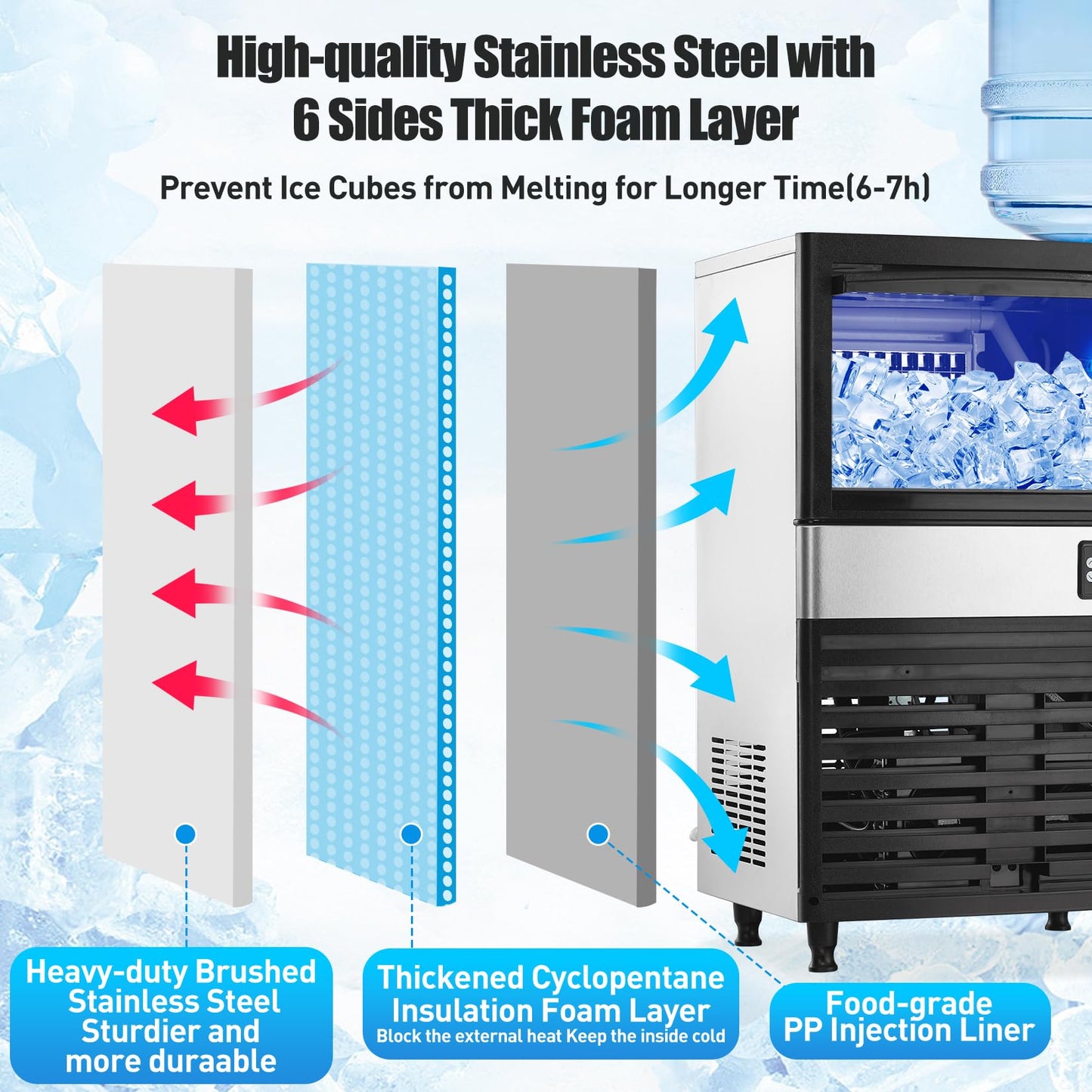 Commercial Ice Maker Machine 150Lbs/24H, 35Lbs Storage Bin, 6x13Pcs Clear Ice Cubes, Freestanding Stainless Steel Ice Making Machine with Blue Light for Restaurant, Home, Bars, Coffee Shop