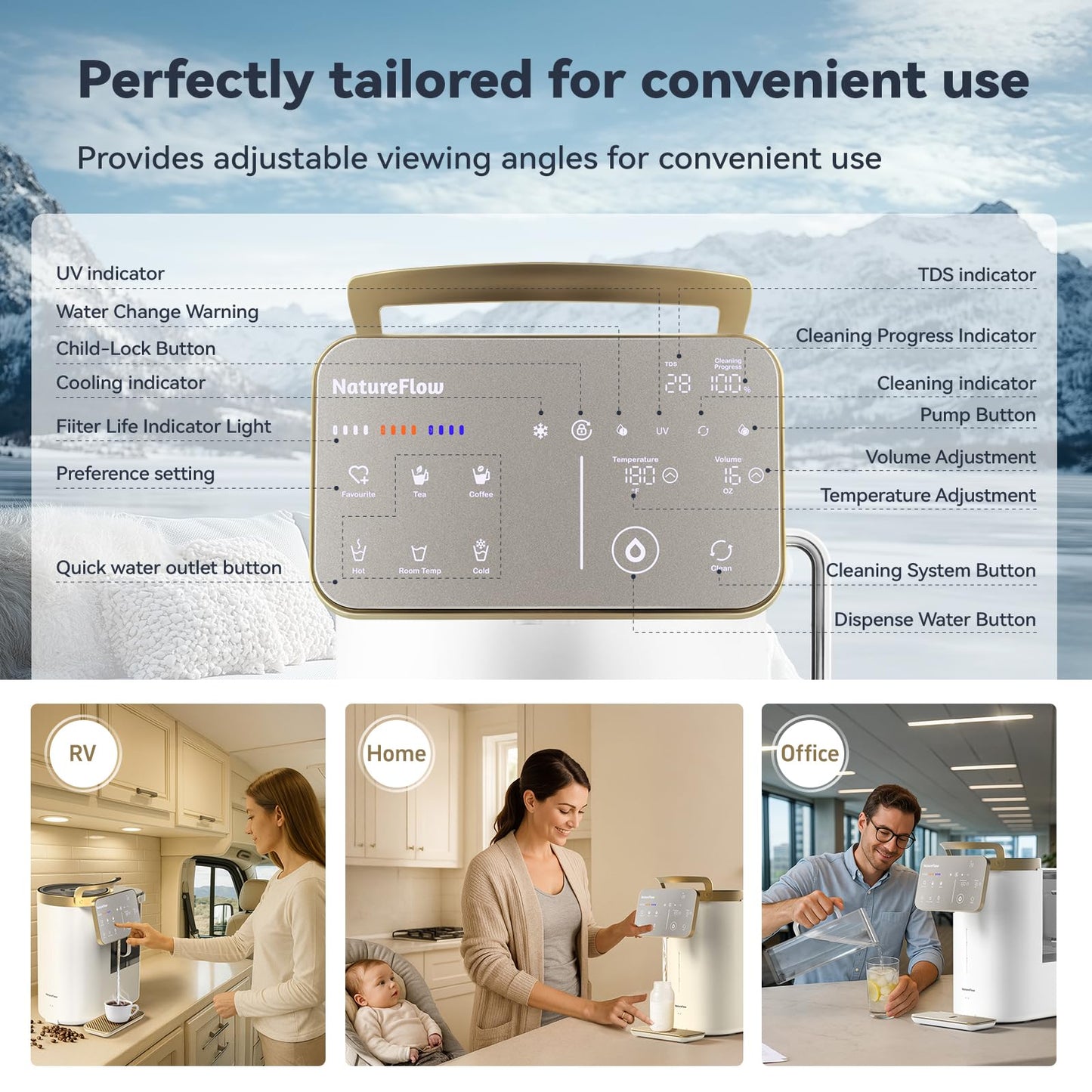 NatureFlow Y60AC（2nd Gen Cold & Hot Countertop Reverse Osmosis Water Mineralization System— Natural Mineral Activation, 10-Stage RO Filtration,Ultra Dual UV, Alkaline Water, 11-Temperature