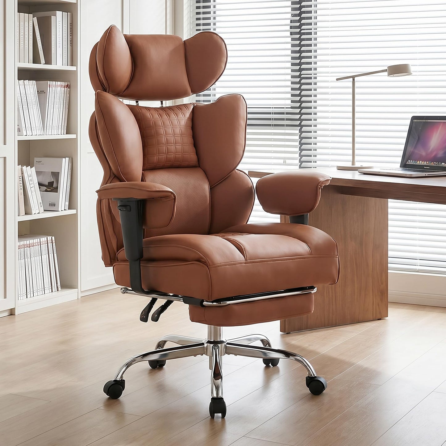 HAPPYMONT Big and Tall Ergonomic Office Chair,350 lbs,High Back Reclining PU Leather Gaming Chair with Footrest, Adjustable Armrests, Lumbar Support, Executive Desk Chair for Home Office, Brown