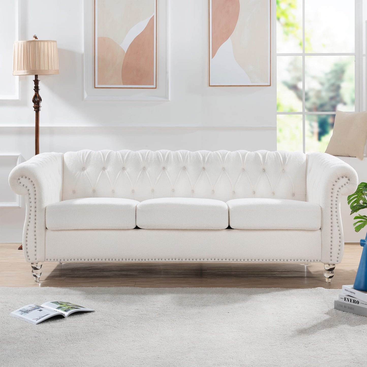 Ball & Cast 84" Chesterfield Sofa with Channel Tufted Seat Back,Classic 3 Seater Couch Removable Square Arm Nailhead Trim and Upholstered,Mid Centuryfor Living Room,Bedroom,Office,White Polyester