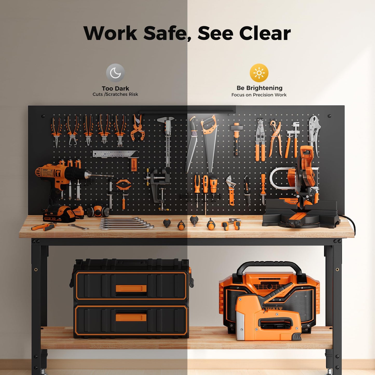 CAMMOO 60" Work Bench Adjustable Height with Storage Shelf, Max Load 2000 LBS Heavy Duty Rubberwood Tabletop with Pegboard, LED Light, Built-in Power Strip for Woodworking Shop, Garage, Home