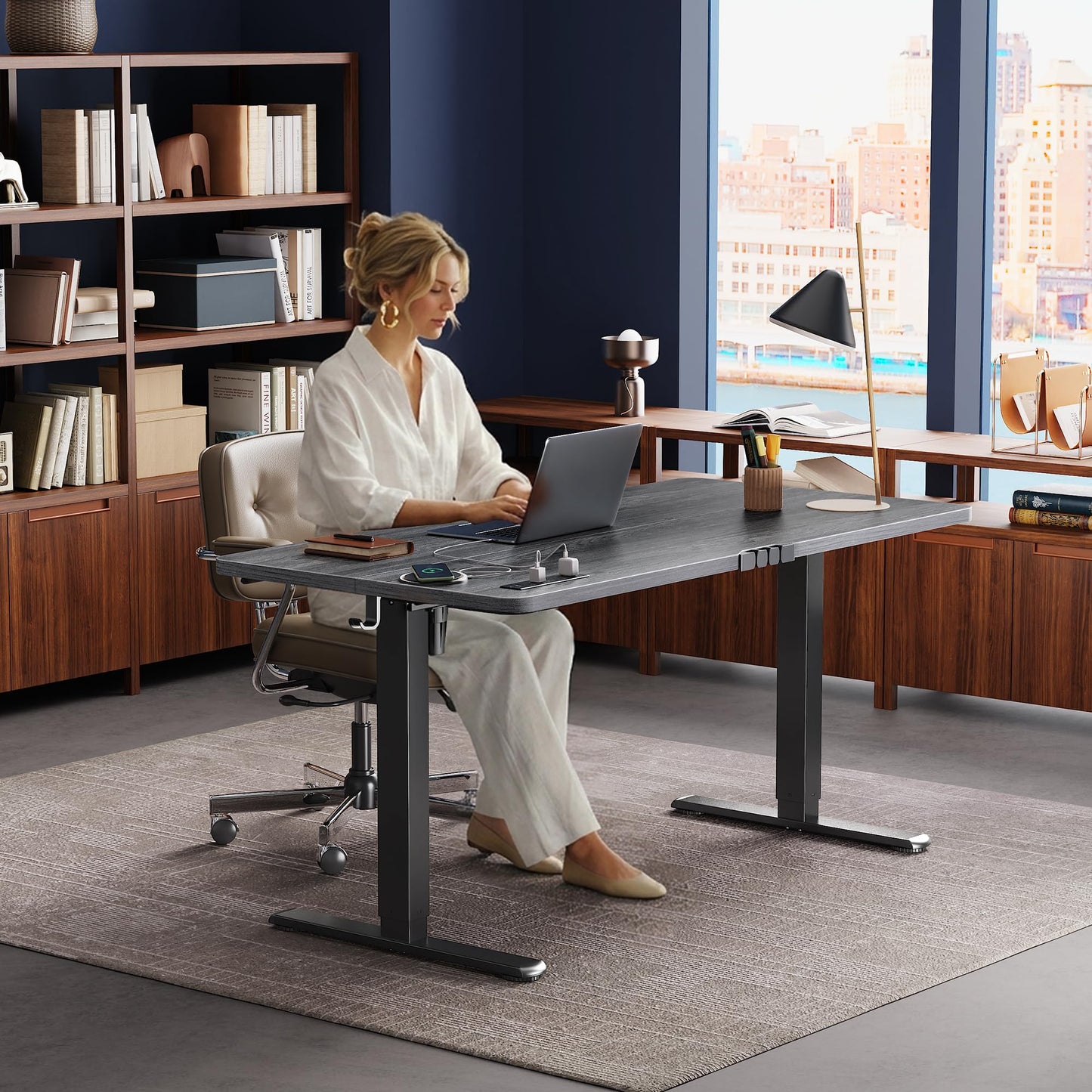 Huuger Electric Standing Desk with Power Outlets and USB-C Port, 55 X 24 Inch Height Adjustable Desk, Sit Stand Desk for Home Office, Computer & Gaming Desk with 4 Presets, Stable Steel Frame, Grey