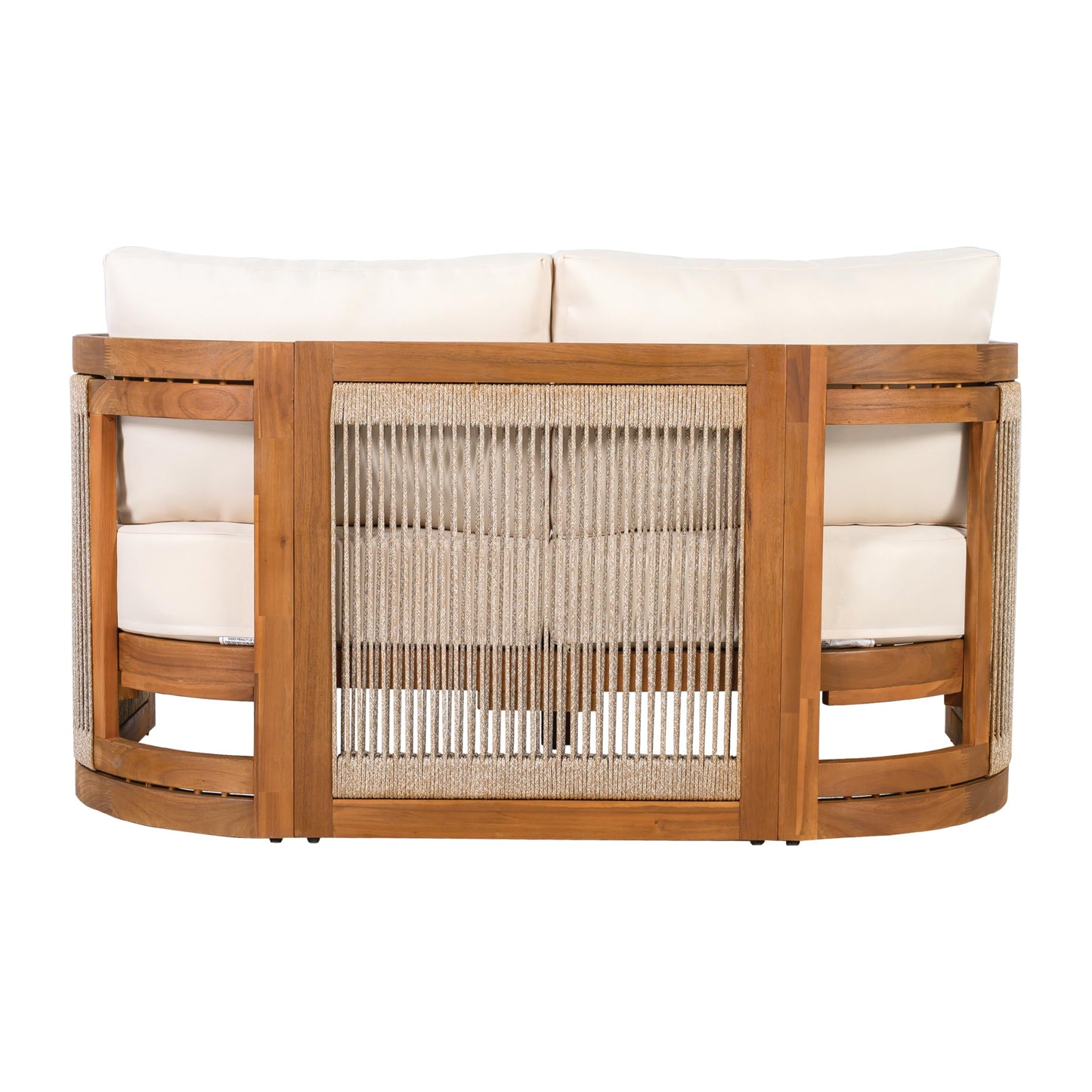 Merax 4-Piece Patio Premium Acacia Wood Outdoor Furniture Set,All Weather Curved Tub Design with Woven Rope Accents Loveseat Chairs and Table for Backyard, Balcony and Deck,Teak+ Beige